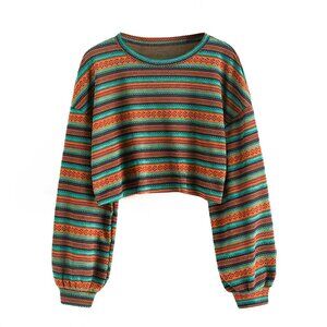 Tribal Ethnic Graphic Cropped Knitted Bohemian Women's Long Sleeve Sweater, L